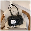 Chic black faux leather underarm bag with bow pleats and white plush cloud charm - With Charm / Black