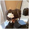 Deep brown glossy PU leather shoulder bag featuring bow pockets and plush cloud charm - With Charm / Brown