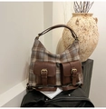 Sac bandoulière rétro à carreaux marron et gris avec poches cuir et boucles dorées - Marron