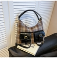 Sac à bandoulière rétro bicolore avec tissu à carreaux et poches en cuir élégantes - Noir