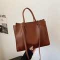 Fashionable dark brown PU leather tote bag with dual handles and long shoulder strap - Brown