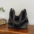 Bolso tipo cubo negro de gran capacidad para mujer en cuero encerado retro plisado - Negro