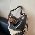Retro dark grey hobo bag with elastic strap and cute plush bear charm accessory - With Charm / Dark Brown