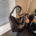 Dark brown leather hobo bag with ruched shoulder strap and cute teddy bear charm - With Charm / Coffee