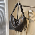 Classic black bucket shoulder bag with elegant pleated scrunchie strap design - No Pendant / Dark Brown