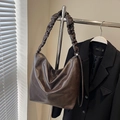 Dark brown retro leather tote bag with unique cloud-like pleated shoulder strap - No Pendant / Coffee