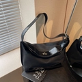 Retro black canvas tote bag with leather trim and silver metal twist lock closure - Black