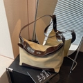 Vintage large capacity tote bag in beige canvas with dark brown leather trim and lock - Green
