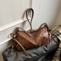 Vintage dark brown faux leather shoulder bag with side tassel bow ties and wide strap - Brown