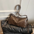 Vintage dark brown faux leather shoulder bag with stylish long tassels and wide strap - Brown
