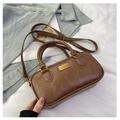 Dark brown retro boston pillow bag with gold plate on denim and white background - No Pendant / Brown