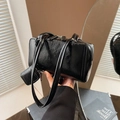 Vintage black gloss shoulder bag with matching mini pouch and long slender straps - Black