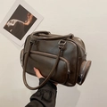 Bolso Boston retro marrón oscuro de cuero sintético con cremalleras plateadas - Marrón