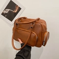 Bolso de hombro en cuero PU marrón con múltiples cremalleras y bolsillos funcionales - Marrón