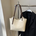 Minimalist cream white tote bag with adjustable brown straps and silver hardware - No Pendant / Beige