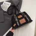 Large black suede commuter bag with brown leather labels and gold hardware details - Black without Pendant