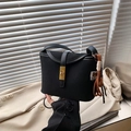 Black frosted vintage bucket bag with golden buckle and stylish braided tassel pendant - Black with Pendant