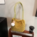 Mustard yellow plush plaid tote bag with green straps and cute pendant decoration - Yellow