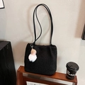 Black plush woolen tote bag with soft texture and pink hat doll charm pendant for autumn - Black