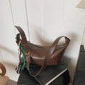 Vintage dark brown faux leather hobo dumpling bag with decorative rope tassel details - With Pendant / Brown