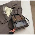 Mini backpack in vintage black leather and brown houndstooth pattern with metal studs - Black And Coffee Without Pendant
