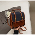 Retro denim and brown leather two-way mini backpack featuring gold metal buckles - Brown No Pendant