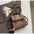 Retro contrast color backpack featuring brown synthetic leather and houndstooth pattern fabric - Coffee No Charm
