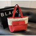 Bolso tote grande de lona bicolor rojo y blanco con bolsillo frontal y botón - Burdeos
