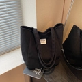 Black corduroy tote bag with KISS YOUR CHEEK label and large capacity design - Black
