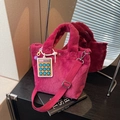 Chic rose red plush bucket bag with a calculator charm and adjustable strap - Rose Pink With Pendant