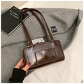 Dark brown retro rectangle pillow bag in glossy oil wax leather with double straps - Coffee without Pendant