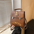 Zaino vintage in pelle PU marrone con ricamo di orsetto di peluche e scritte Holiday - Marrone