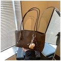 Retro dark brown tote bag in faux leather featuring a baseball themed sports charm - Coffee (With Charm)