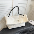 Grande borsa tote in velluto a coste bianco con manici in corda nera e impugnatura ovale - Bianco