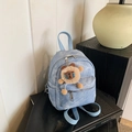 Mini lichtblauwe denim rugzak met schattige pluche beer hanger voor hippe dames - Blauw met Hanger