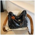 Large black vintage PU leather hobo bag with teddy charm and decorative zippers - Black With Pendant