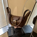 Retro brown lychee textured leather crescent shoulder bag with vintage gold buckle - Brown