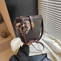 Vintage dark brown bucket bag with leopard print, heart pendant and adjustable strap - Leopard Coffee With Tassel
