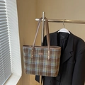 Bolso tote de cuadros marrones con asas de cuero y tejido de lana para el otoño - Sin Colgante / Cuadros Verdes