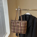 Bolso tote de cuadros marrones con detalles morados y asas de cuero marrón para el diario - Sin Colgante / Cuadros Rosas