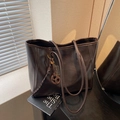 Vintage dark brown PU leather tote bag with long straps and metallic abacus pendant - With Charm / Brown