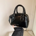 Glossy black patent leather bowling bag with top handles and logo detail - Black