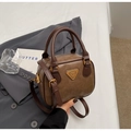 Retro coffee brown Boston handbag in patchwork PU leather with gold triangle plaque - No Pendant / Khaki