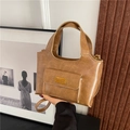Vintage brown PU leather bucket bag with top handle and golden metal brand plaque - Brown