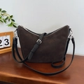 Minimalist dark brown suede and black leather patchwork crossbody bag with silver hardware - Black