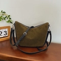 Army green suede and black leather patchwork hobo bag with adjustable strap - Green