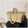 Quilted puffer tote bag in beige with double handle straps for commuting and daily use - Khaki