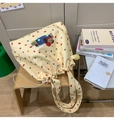 Close-up of drawstring canvas tote bag featuring 3D cartoon dog embroidery and dots - Without Pendant / Yellow
