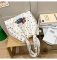 Close-up of a white polka dot canvas tote bag featuring a cute 3D plush bear patch - Without Pendant / White