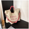 Borsa tote trapuntata bianco sporco con manici rosa e lettere ricamate a mano - Bianco Sporco